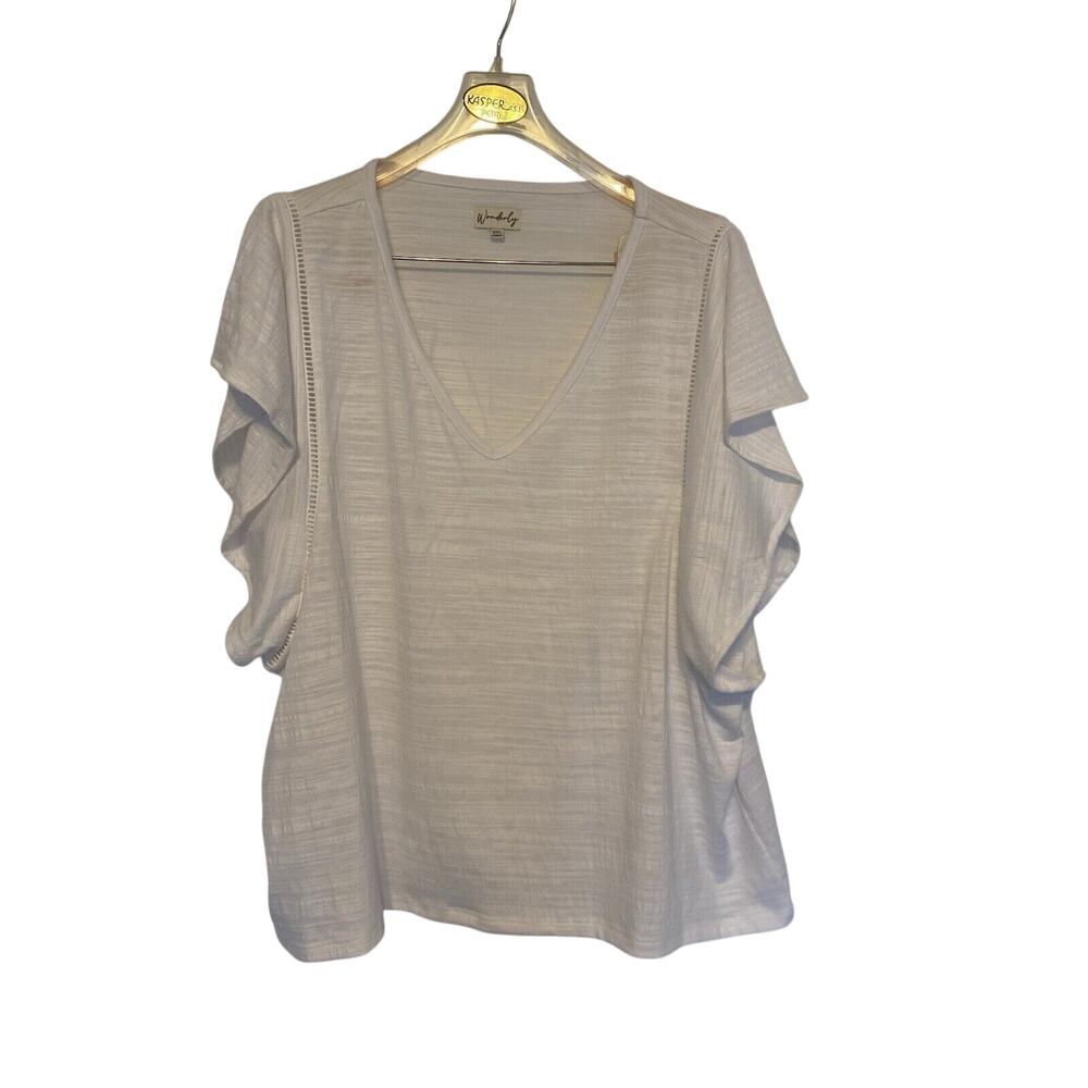 Wonderly XXL Gauzy Flutter Sleeve White Top Lace Lightweight Feminine Minimalist